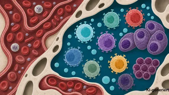 Schematische Darstellung eines Gewebebereichs mit angrenzenden Blutgefäßen, die rote Blutkörperchen enthalten; im umliegenden Raum befinden sich verschiedene kugelförmige, zell- oder virusähnliche Partikel sowie Zellverbände, die unterschiedliche biologische Bestandteile veranschaulichen.